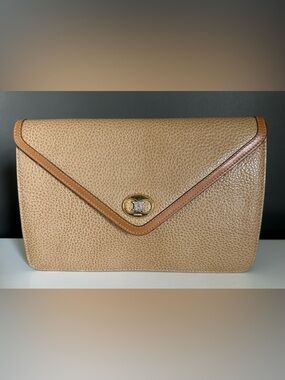 Celine Tan Leather Envelope Clutch Gold Silver 2 Tone Hardware Purse Vtg MINTY!